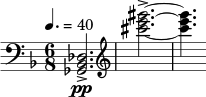 \relative c { \clef bass \key d \minor \time 6/8 \tempo 4. = 40 <des bes ges>2.->\pp | \clef treble <gis''' e cis>->~ | <gis e cis>4. }