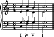  \new PianoStaff << \new Staff << \new Voice \relative c'' { \stemUp \clef treble \key c \major \time 3/4 c4 cb c2. } \new Voice \relative c' { \stemDown e4 fd e2. } >> \new Staff << \new Voice \relative c' { \stemUp \clef bass \key c \major \time 3/4 g4 aes g g2. } \new Voice \relative c { \stemDown c4_\markup { \concat { "I" \hspace #1.5 "iv" \hspace #1.5 "V" \hspace #3.5 "I" } } fgc,2. \bar "||" } >> >> 