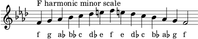\header { tagline = ##f } scale = \relative f' { \key f \minor \omit Score.TimeSignature f^"F harmonic minor scale" g as bes c des efe! des c bes as g f2 } \score { { << \cadenzaOn \scale \context NoteNames \scale >> } \layout { } \midi { } }