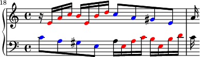 { \new PianoStaff << \new Staff << \relative c' { \clef treble \key a \minor \time 4/4 \set Score.currentBarNumber = #18 \bar "" r16 \override NoteHead.color = #red eacbe, b' d \override NoteHead.color = #blue c8 a gis e \override NoteHead.color = #black a16 } >> \new Staff << \relative c' { \clef bass \key a \minor \time 4/4 \override NoteHead.color = #blue c8 a gis e \override NoteHead.color = #black a16 \override NoteHead.color = #red eacbe, b' d \override NoteHead.color = #black c } >> >> }