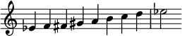 
{ \override Score.TimeSignature #'stencil = ##f \relative c' { \clef treble \key c \major \time 8/4 es4 f fis gis abcd es2 } }
