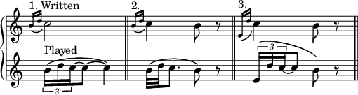{ \override Score.TimeSignature #'stencil = ##f { \new PianoStaff << \new Staff { \relative c'' { \clef treble \time 2/4 \grace { b16(^\markup { 1. Written } d } c2) \bar "||" \grace { b16(^\markup { 2. } d } c4) b8 r8 \bar "||" \grace { e,16(^\markup { 3. } d' } c4) b8 r8 \bar "||"} } \new Staff { \relative c'' { \tuplet 3/2 { b16(^\markup { Played } dc~ } c8~ c4) b32( d32 c8. b8) r8 \tuplet 3/2 { e,16( d' c~ } c8 b8) r8 } } >> } } 
