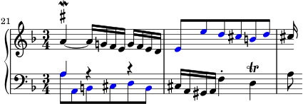  { \new PianoStaff << \new Staff << \relative c'' { \set Score.currentBarNumber = #21 \set Score.proportionalNotationDuration = #(ly:make-moment 1/8) \bar "" \clef treble \key d \minor \time 3/4 \once \override TextScript.script-priority = #-100 a4~^\mordent^\markup { \sharp } a16 g! fegfed \override NoteHead.color = #red \stemUp e8 e' d cis bd \override NoteHead.color = #black cis16 } >> \new Staff << \clef bass \key d \minor \time 3/4 \new Voice \relative c' { \override NoteHead.color = #red a8 a, b cis db \override NoteHead.color = #black cis16 a gis a f'4-. d\trill a'8 } \new Voice \relative c' { \stemUp \override NoteHead.color = #red a4 rr } >> >> } 