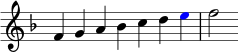  { \override Score.TimeSignature #'stencil = ##f \relative f' { \clef treble \key f \major \time 7/4 f4 ga bes cd \once \override NoteHead.color = #red e f2 } } 