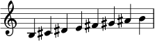 { \omit Score.TimeSignature \relative c' { \time 2/1 b cis dis e fis gis ais b} }