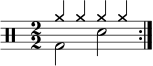\new Staff << \new voice \relative c' { \clef percussion \numericTimeSignature \time 2/2 \set Score.tempoHideNote = ##t \tempo 2 = 100 \stemDown \repeat volta 2 { g2 d' } } \new voice \relative c'' { \override NoteHead.style = #'cross \stemUp \repeat volta 2 { a4 aaa } } >>