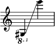 
{ \override Score.SpacingSpanner.strict-note-spacing = ##t \set Score.proportionalNotationDuration = #(ly:make-moment 1/8) \override Score.TimeSignature #'stencil = ##f \relative c { \time 2/4 \ottava #-1 gis4 \glissando \ottava #0 e'''' } }
