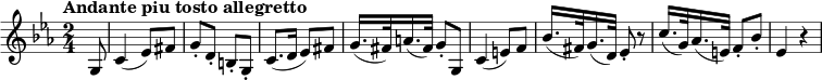 \relative a { \key c \minor \time 2/4 \tempo "Andante piu tosto allegretto" \tempo 4 = 60 \partial 8 g8 c4 (ees8) fis g\staccato d\staccato b\staccato g\staccato c8. (d16 ees8) فيس g16. (fis32) أ16. (fis32) g8\staccato g,8 c4 (e8) f bes16. (fis32) g16. (d32) ees8\staccato r8 c'16. (ز32) إس16. (e32) f8\staccato bes\staccato ees,4 r4 }
