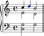 \new PianoStaff << \new Staff << \new Voice \relative c'' { \stemUp \clef treble \key c \major \time 4/4 c4 \once \override NoteHead.color = #red d b2 } \new Voice \relative c' { \stemDown e2 d } >> \new Staff << \new Voice \relative c { \clef bass \key c \major \time 4/4 <c g'>2 g' \bar "||" } >> >>