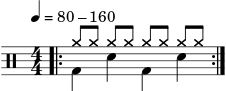  \version "2.22.0" \header { tagline = ##f} \score { \drums \with {midiInstrument = "drums"} \with { \numericTimeSignature } { \repeat volta 2 { << \tempo 4 = 80-160 \bar ".|:" { cymra8 [cymra] cymra [cymra] cymra [cymra] cymra [cymra] }\\{bd4 sne bd sne} >>\break } } \layout {} } \score { \unfoldRepeats { \drums \with {midiInstrument = "drums"}{ \repeat volta 2 { << \tempo 4 = 80-160 \bar ".|:" { cymra8 [سيمرا] كيمرا [سيمرا] كيمرا [cymra] cymra [cymra] }\\{bd4 sne bd sne} >>\break } } } \midi { \tempo 4 = 90 } } 