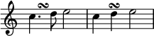 { \override Score.TimeSignature #'stencil = ##f << \clef treble \relative c'' { \stemNeutral c4. d8 e2 c4 d\turn e2 } \\ { s4 s^\turn } >> }

