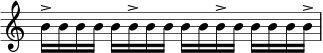  { \override Score.TimeSignature #'stencil = ##f \relative c'' { b16-> bbbb b-> bbbb b-> bbbb b-> } } 