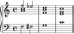  \new PianoStaff << \new Staff << \new Voice \relative c'' { \stemUp f2 es d1 c } \new Voice \relative c'' { \stemDown <a c>1 <f b> <e g> } >> \new Staff << \new Voice \relative c { \clef F f2 fis g1 c \bar "||" } >> >> 