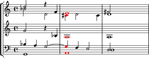 
    { \override Score.SpacingSpanner.strict-note-spacing = ##t \set Score.proportionalNotationDuration = #(ly:make-moment 1/8) << \new StaffGroup << \new Staff << \new Voice \relative c'' { \clef treble \time 4/4 \key c \major \voiceOne d2 r4 f, \once \override NoteHead.color = #red e1 fis2 } \new Voice \relative c'' { \clef treble \time 4/4 \key c \major \voiceTwo bes2 d, \once \override NoteHead.color = #red cis4 d2 cis4 d1 } >> \new Staff << \new Voice \relative c'' { \clef treble \time 4/4 \key c \major \stemUp g2 r4 bes, \once \override NoteHead.color = #red a1 a } >> \new Staff << \new Voice \relative c' { \clef bass \time 4/4 \key c \major \voiceOne bes4 a g2~ \once \override NoteHead.color = #red g4 f e2 d } \new Voice \relative c { \clef bass \time 4/4 \key c \major \voiceTwo g1 \once \override NoteHead.color = #red ad } >> >> >> }
