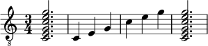 { \clef "treble_8" \time 3/4 <ceg c' e' g'>2. <c >4 <e >4 <g >4 <c' >4 <e' >4 <g' >4 <ceg c' e' g'>2. } 