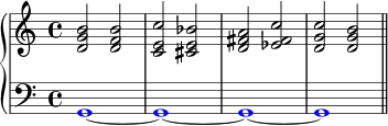 \new PianoStaff << \new Staff << \new Voice \relative c' { \clef treble \key c \major \time 4/4 <dg b>2 <df b> <ce c'> <cis e bes'> <d fis a> <es fis c'> <dg c> <dg b> } >> \new Staff << \relative c { \clef bass \key c \major \time 4/4 \override NoteHead.color = #red g1~ g~ g~ g \bar "||" } >> >>