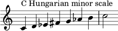 { \override Score.TimeSignature #'stencil = ##f \relative c' { \clef treble \time 7/4 c4^\markup { سلم دو المجري الصغير } d es fis g aes b c2 } } 
