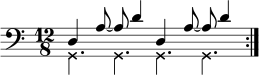  \new Staff << \new voice \relative c { \set Staff.midiInstrument = #"acoustic bass" \set Score.tempoHideNote = ##t \tempo 4 = 105 \time 12/8 \clef bass \stemUp \repeat volta 2 { d4 a'8~ a d4 d,4 a'8~ a d4 } } \new voice \relative c { \override NoteHead.style = #'cross \stemDown \repeat volta 2 { g4. ggg } } >> 