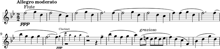 {\new Staff \relative c'{\set Staff.midiInstrument=#"flute" \numericTimeSignature \time 2/2 \set Score.tempoHideNote = ##t \tempo "Allegro moderato" 4=150 \clef treble \key bes \major ^"Flute" |f'2(\ppp g4 d4|f2 d4 c4)|f2(g4 d4 f2.)|4~(2 g4 d4|f2 d4 c4|f4) 4(g4 d4|f2.) 4(|\break bes4 g4 f4 g4|f2.~<< { 4-.)|r1|r2 r4 \set Staff.midiInstrument=#"flute" \relative c'' {\transposition c' f4--}} \new CueVoice {\set Staff.midiInstrument=#"clarinet" \relative c'' {\transposition bes \once \override NoteColumn.force-hshift = #1.3 g'4^"Clarinet"(\ppp|c4 a4 g4 a4|g1)}}>>~\set Staff.midiInstrument=#"flute"|bes4(g4 f4 g4|a4) d,8^\markup {\italic "grazioso"} ([e8] d8[e8 d8 e8]|f4) d4(c4 f,4)|bes4(d4 g4 d4)|}}