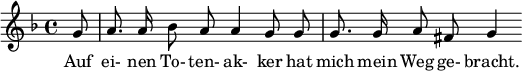 { \new Staff << \relative c'' {\set Staff.midiInstrument = #"clarinet" \tempo 4 = 45 \set Score.tempoHideNote = ##t \key f \major \time 4/4 \autoBeamOff \set Score.currentBarNumber = #5 \set Score.barNumberVisibility = #all-bar-numbers-visible \bar "" \partial 8 g8 | a8. a16 bes8 a a4 g8 g | g8. g16 a8 fis8 g4 } \addlyrics { على الرغم من أنني كنت أعزف على آلة الكلارينيت، إلا أنني كنت أعزف على طريقتي. } >> }