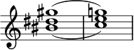 \relative c'' { \magnifyStaff #5/4 \omit Score.TimeSignature \set doubleSlurs = ##t <bis dis gis>1 (<ceg!>)}