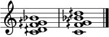  \relative c' { \omit Staff.TimeSignature \set Score.tempoHideNote = ##t <c dih f gih bes>1 \bar "|" <cf gih bes dih>1 \bar "|." } 