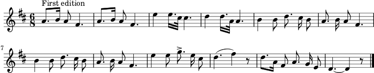  \transpose cd \relative c'' { \key c \major \set Staff.midiInstrument = #"غيتار صوتي (نايلون)" \time 6/8 \set Score.tempoHideNote = ##t \tempo 4 = 60 \autoBeamOff g8.^"الإصدار الأول" [a16] g8 e4. | g8. [أ16] ز8 هـ4. | د'4 د16. [ب32] ب4. | ج4 ج16. [ز32]ز4. | a4 a8 c8. ب16 a8 | g8. a16 g8 e4. | a4 a8 c8. ب16 a8 | g8. a16 g8 e4. | d'4 d8 f8.-> d16 b8 | ج4. (هـ٤)ص٨ | ج8. [ز16] ه8 ز8. f16 د8 | c4.~ c4 r8 \bar "|." } 