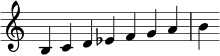  { \override Score.TimeSignature #'stencil = ##f \relative c' { \clef treble \time 7/4 b4 c d es f g a b } } 