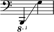 
{ \override Score.SpacingSpanner.strict-note-spacing = ##t \set Score.proportionalNotationDuration = #(ly:make-moment 1/8) \override Score.TimeSignature #'stencil = ##f \relative c { \time 2/4 \clef bass \ottava #-1 b,,4 \glissando \ottava #0 g''' } }

