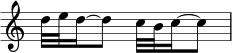{ \override Score.TimeSignature #'stencil = ##f \relative c'' { \time 2/4 d32 e d16~ d8 c32 b c16~ c8 } } 