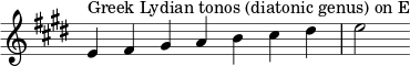 { \key e \major \override Score.TimeSignature #'stencil = ##f \relative c' { \clef treble \time 7/4 e4^\markup { نغمة الليديان اليونانية (الجنس الدياتوني) على E } fis gis ab cis dis e2 } } 