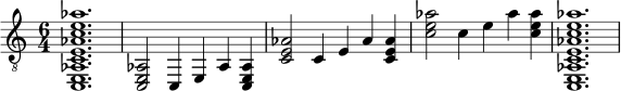 { \clef "treble_8" \time 6/4 < c, e, aes, ce aes c' e' aes' >1. || < c, e, aes, >2 <c,>4 <e,>4 <aes, >4 < c, e, aes, >4 || < ce aes >2 <c >4 <e >4 <aes >4 < ce aes >4 || <c' e' aes' >2 <c' >4 <e' >4 <aes' >4 < c' e' aes' >4 || <c, e, aes, ce aes c' e' aes'>1. } 