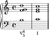  \new PianoStaff << \new Staff << \relative c' { \voiceOne \clef treble \key c \major \time 4/4 <fg d'>1 <eg c> } >> \new Staff << \new Voice \relative c' { \clef bass \key c \major \time 4/4 b_\markup { \concat { "V" \combine \raise #1 \small 6 \lower #1 \small 5 \hspace #6 "I" } } c \bar "||" } >> >> 