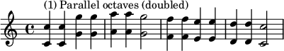 { \relative c' { \clef treble \time 4/4 \key c \major <c c'>4^\markup { "(1) أوكتافات متوازية (مضاعفة)" } <c c'> <g' g'> <g g'> <a a'> <a a'> <g g'>2 <f f'>4 <f f'> <e e'> <e e'> <d d'> <d d'> <c c'>2 } }
