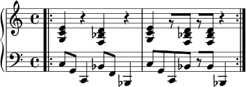  { \new PianoStaff << \new Staff << \relative c' { \set Score.tempoHideNote = ##t \tempo 2 = 100 \clef treble \key c \major \time 4/4 <gc e>4 r <f bes d> r <gc e> r8[ <f bes d>] r[ <f bes d>] r4 } >> \new Staff << \relative c { \clef bass \key c \major \time 4/4 \bar ".|:" c8 gc,4 bes'8 f bes,4 c'8 gc, bes' r[ bes] bes,4 \bar ":|." } >> >> } 