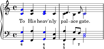  { \override Score.SpacingSpanner.strict-note-spacing = ##t \set Score.proportionalNotationDuration = #(ly:make-moment 1/8) \new PianoStaff << \new Staff << \new Voice \relative c' { \clef treble \time 4/4 \once \override NoteHead.color = #red <c g'>4 <c f> \once \override NoteHead.color = #red <c e> c \stemDown c4 b \once \override NoteHead.color = #red c2 } \addlyrics { To His heav'n -- ly pal -- ace gate. } \new Voice \relative c' { s1 \stemUp d4. d8 \once \override NoteHead.color = #red c2 } >> \new Staff << \new Voice \relative c, { \clef bass \time 4/4 \once \override NoteHead.color = #red <e g'>4 <f a'> \once \override NoteHead.color = #red <g g'> <a e'> <f a'> \stemDown g \once \override NoteHead.color = #red c2 } \new Voice \relative c' { s1 s4 \stemUp g8 f \once \override NoteHead.color = #red e2 } \figures { <6>2 <6 4>2 <6 5>4. <7>8 } >> >> } 