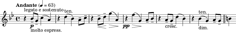  \relative c'' { \clef treble \time 4/4 \tempo "Andante" 4 = 63 \key g \minor r4^"legato e sostenuto" bes8--\p_"molto espress." ز--ج4(أ) | rd(^"ten."bes) a8-- c-- | r4 bes8--\< د--\! g4(\> أ،\!) | r\pp f'\>( g,)\! a8--بيس-- | r4 a8--_"الهلال." ز--د'4(بيس)| r bes(^"ten."_"dim." g) a8-- g-- \bar "||" ب4} 