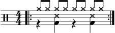 \version "2.22.0" \header { tagline = ##f} \score { \drums \with {midiInstrument = "drums"} \with { \numericTimeSignature } { \repeat volta 2 { << { \autoBeamOff \time 4/4 cymra8 [cymra] cymra [cymra] cymra [cymra] cymra [cymra] }\\{r4 <bd ss> r4 <bd ss>} \bar ":|.S.|:-S" >>\break } } \layout {} } \score { \unfoldRepeats { \drums \with {midiInstrument = "drums"}{ \repeat volta 2 { << { \time 4/4 cymra8 cymra كيمرا كيمرا كيمرا كيمرا cymra cymra }\\{r4 <bd ss> r4 <bd ss>} \bar ":|.S.|:-S" >>\break } } } \midi { \tempo 4 = 80 } }
