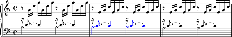 \new PianoStaff << \new Staff \relative c' { \set Score.tempoHideNote = ##t \tempo 4 = 90 << \new Voice { r8 g'16 d' gg, d' g r8 g,16 d' gg, d' g | r8 e,16 gce, gc r8 e,16 gce, gc | r8 e,16 gce, gc r8 e,16 gce, gc | } >> } \new Staff \relative c' { \clef bass << \new Voice { \voiceThree r16 d8.~ d4 r16 d8.~ d4 | \override NoteHead.color = #red \override Stem.color = #red r16 c8.~ c4 r16 c8.~ c4 | \override NoteHead.color = #black \override Stem.color = #black r16 c8.~ c4 r16 c8.~ c4 | } \new Voice { \voiceFour b2 b | \override NoteHead.color = #red \override Stem.color = #red bb | \override NoteHead.color = #black \override Stem.color = #black aa | } >> } >>