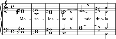 \new PianoStaff << { \accidentalStyle Piano \set Score.midiInstrument = "choir aahs" } \new Staff \fixed c' { \omit Score.MetronomeMark \tempo 4 = 110 <cis eis>1 | <أ، ه> | <ب، ديس> | << { د~ | 2 د | gis a4 } \\ { ب،2 ج | د1~ | ٢ ج | } >> } \new Lyrics \lyricmode { Mo1 -- ro -- las -- so 2 al __ _ mio duo -- lo } \new Staff { \clef bass <cis gis>1 | <ج ه> | <ب، فيس> | << { ز2 أ | ب1~ | 2 أ | } \\ { ب،1 | ز | ه2 أ، | } >> } >>