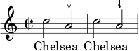 \relative c'' { \repeat volta 1 { \time 2/2 \tempo 2 = 60 \set Score.tempoHideNote = ##t c2 a ^"↓" ca ^"↓"} } \addlyrics { Chel -- sea Chel -- sea }