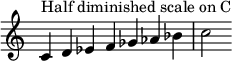 { \override Score.TimeSignature #'stencil = ##f \relative c' { \clef treble \time 7/4 c4^\markup { مقياس نصف متناقص على C } d es f ges aes bes c2 } }

