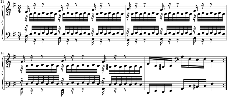  \new PianoStaff << \new Staff << \new Voice \relative c' { \key g \major \time 3/4 \voiceOne \set Score.currentBarNumber = 13 fis16 r r8 g16 r r8 a16 r r8 | b16 r r8 a16 r r8 g16 r r8 | a16 r r8 b16 r r8 a16 r r8 | \oneVoice fis16 d cis d \clef bass a fis e fis d4 | \bar ":|." } \new Voice \relative c' { \voiceTwo \repeat unfold 8 { r32 dededed } r cis d cis d cis d cis | } >> \new Staff << \new Voice \relative c { \key g \major \clef bass \voiceOne \repeat unfold 8 { r32 fis g fis g fis g fis } re fis e fis e fis e | } \new Voice \relative c { \voiceTwo d16 r r8 b16 r r8 a16 r r8 | g16 r r8 a16 r r8 b16 r r8 | a16 r r8 g16 r r8 a16 r r8 | \oneVoice d,16 fis e fis ad cis d fis4 | } >> >> 