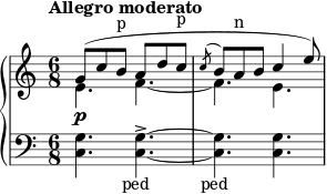 { \new PianoStaff << \new Staff << \new Voice \relative c'' { \tempo "Allegro moderato" \clef treble \key c \major \time 6/8 \voiceOne g8( cb^\markup { p } adc^\markup { p } \acciaccatura { c } ba^\markup { n } b c4 e8) } \new Voice \relative c' { \voiceTwo e4.\pf~ fe } >> \new Staff << \relative c { \clef bass \key c \major \time 6/8 <c g'>4. <c g'>~->_\markup { \center-align { ped } } <c g'>_\markup { \center-align { ped } } <c g'> } >> >> }