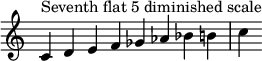 { \override Score.TimeSignature #'stencil = ##f \relative c' { \clef treble \time 8/4 c4^\markup { سابع مسطح 5 مقياس متناقص } def ges aes bes bc } }

