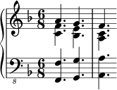  \new PianoStaff << \new Staff << \new Voice \relative c'' { \stemUp \clef treble \key f \major \time 6/8 a4. gf } \new Voice \relative c' { \stemDown <c f>4. <bes e> <a c> } >> \new Staff << \new Voice \relative c,, { \clef "bass_8" \key f \major \time 6/8 <f f'>4. <g g'> <a a'> } >> >> 