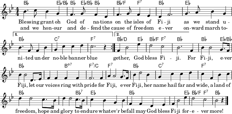  \version "2.24.4" % من "Dwelling in Beulah Land" على https://michaelkravchuk.com/free-lead-sheet-dwelling-beulah-land/ \header { tagline = ##f } %title = "God Bless Fiji" } %\paper { #(set-paper-size "a4")} \layout { indent = 0 \context { \Score \remove "Bar_number_engraver" } \context { \ChordNames \override ChordName.font-size = #-0 } } global = { \key bes \major \numericTimeSignature \time 4/4 } chordNames = \chordmode { \global \set midiInstrument = "acoustic guitar (nylon)" \repeat volta 2 { bes2. es4/bes | bes4. es8/bes bes2 | bes2 /ff:7 | bes1 | es | } \alternative { { bes |c:7 | f2.:7 s4 } { bes2./d es4 | bes2/ff:7 | bes2. } } s4 | bes2. es4/bes | bes1 | s2 b2:dim7 | f1:7/c | f:7 | bes | c:7 | f:7 | bes | s2. bes4:7 | es1 | bes | s2. es4 | bes2/ff:7 | bes2. s4 \bar "|." } melody = \relative c'' { \global \set Staff.midiInstrument = "brass section" \repeat volta 2 { bes4. c8 bes4 g | f4. g8 f4 d | f4. g8 f4 es | d f2. g4. a8 bes4 g | } \alternative { { bes4. f8 f4 bes | gccd | c2. r4 } { f,4 bes2 es4 | d2 c | bes2. } } f4 | bes bes2 g8. f16 | bes4 bes2 d,8. es16 | f4 fff | f2. f4 | a a2 g8. f16 | bes4 d2 bes4 | gccd | c f, bes c | d d2 c8. bes16 | d4 d2 c8. bes16 | c4 bes g bes | ff d es | f bes2 es4 | d2 c | bes2 r4 \bar "|." } verse = \lyricmode { << { بارك - امنح يا إله الأمم - الأمم على جزر فيجي ونحن نقف متحدين تحت راية زرقاء نبيلة } \new Lyrics { ونحن نكرم - وندافع عن قضية الحرية - إلى الأبد - نسير نحو - } >> معًا، بارك الله فيجي. % اللازمة: من أجل فيجي، إلى الأبد فيجي، دع أصواتنا - تدوي بفخر من أجل فيجي، إلى الأبد فيجي، اسمها يتردد في كل مكان، أرض الحرية - والأمل والمجد - لتدوم مهما - حدث - فليبارك الله فيجي إلى الأبد! } \score { << \new ChordNames \chordNames \new Staff \melody \addlyrics \verse >> \layout { } } \score { \unfoldRepeats { << \transpose cc, { \chordNames } \\ \melody >> } \midi { \tempo 4=102 \context { \Score midiChannelMapping = #'instrument } \context { \Staff \remove "Staff_performer" } \context { \Voice \consists "Staff_performer" } } } 