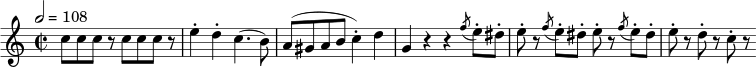 \relative c'' { \set Staff.midiInstrument = #"piano" \tempo 2 = 108 \key c \major \time 2/2 c8 cc r8 ccc r8 e4-\staccato d4-\staccato c4.( b8) a8( gis ab c4-\staccato) d4 g, r4 r4 \acciaccatura f'8 e8-\staccato dis-\staccato e-\staccato r8 \acciaccatura f8 e8-\staccato dis-\staccato e-\staccato r8 \acciaccatura f8 e8-\staccato dis-\staccato e8-\staccato r8 d-\staccato r c-\staccato r }
