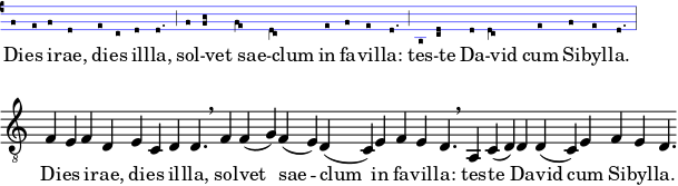  \version "2.24.1" \include "gregorian.ly" \header { tagline = ##f } %\layout { indent = 0 ragged-right = ##t } tn = \tempo 4=108 tf = \tempo 4=54 cantus = { \set Staff.midiInstrument = "choir aahs" \tn fefdecd \tf \augmentum d \divisioMaior \tn f \[ f\melisma \pes g \melismaEnd \] \[ f\melisma \flexa e \melismaEnd \] \[ d\melisma \flexa c\melismaEnd \] efe \tf \augmentum d \divisioMaior \tn a, \[ c\melisma \pes d\melismaEnd \] d \[ d\melisma \flexa c\melismaEnd \] efe \tf \augmentum d \divisioMaxima }verba = \lyricmode { Di -- es i -- rae, di -- es il -- lla, sol -- vet sae -- clum in fa -- vil -- la: tes -- te Da -- vid cum Si -- byl -- la. } \score { \new VaticanaVoice ="cantus" { \clef "vaticana-do3" \cantus } \addlyrics { \verba } \layout { indent = 0\cm \set Score.tempoHideNote = ##t } % \layout { } \midi { } } melody = { \cadenzaOn f4 efdecd d4. \تنفس f4 f (g) f (e) d (c) efe d4. \breathe a,4 c (d) dd (c) efe d4. } \score { \new Staff { \clef "treble_8" \melody } \addlyrics { \verba } \layout { \context { \Staff \remove "Time_signature_engraver" } } } 