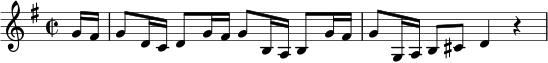  \relative c'' { \set Staff.midiInstrument = #"violin" \clef treble \time 2/2 \key g \major \set Score.tempoHideNote = ##t \tempo 4 = 96 \partial8 g16 fis 16 g8[ d16 c] d8[ g16 fis] g8[ b,16 a] b8[ g'16 fis] g8[ g,16 a] b8[ cis] d4 r }